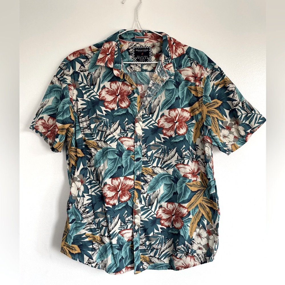 Denim & Flower Ricky Singh Men’s Slim Fit Button Down Shirt Tropical Size Large